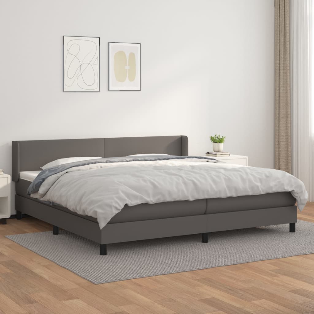 Pat box spring cu saltea, gri, 200x200 cm, piele ecologică