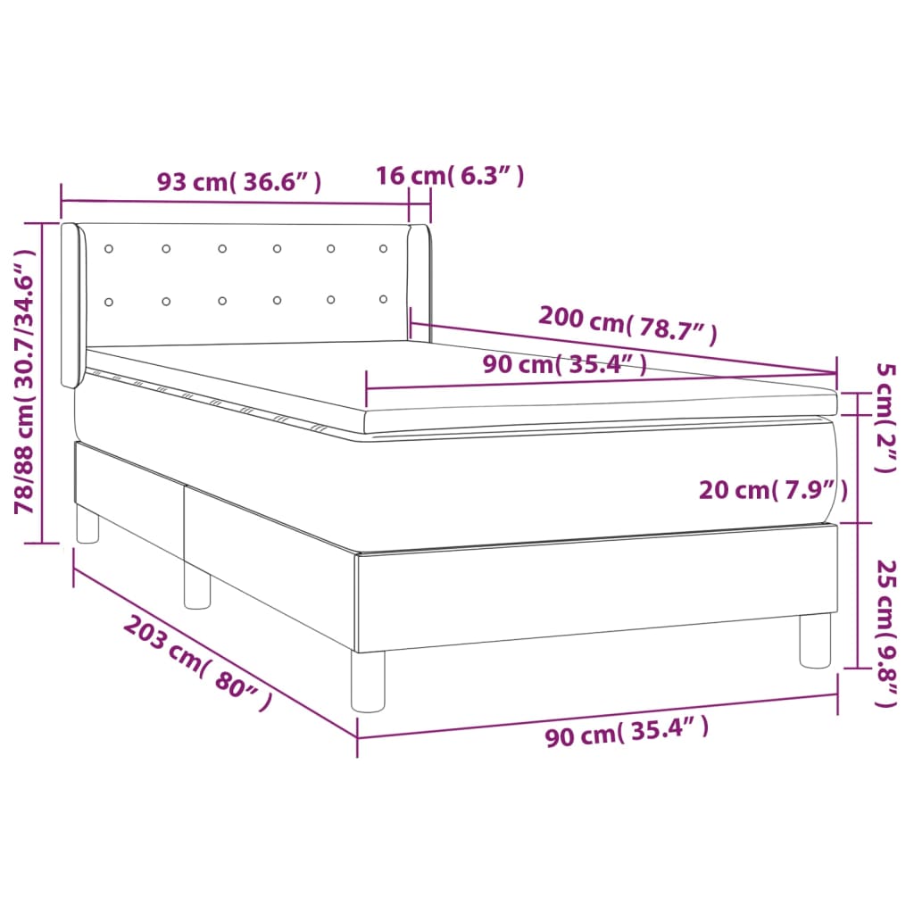 Pat box spring cu saltea, gri, 90x200 cm, piele ecologică