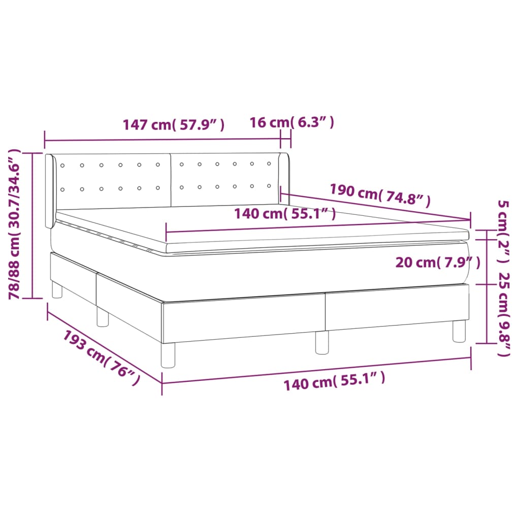 Pat box spring cu saltea, alb, 140x190 cm, piele ecologică