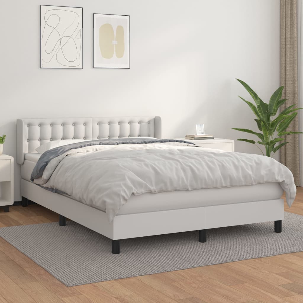 Pat box spring cu saltea, alb, 140x190 cm, piele ecologică