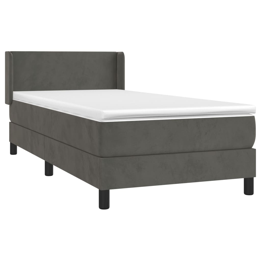 Pat box spring cu saltea, gri închis, 90x200 cm, catifea