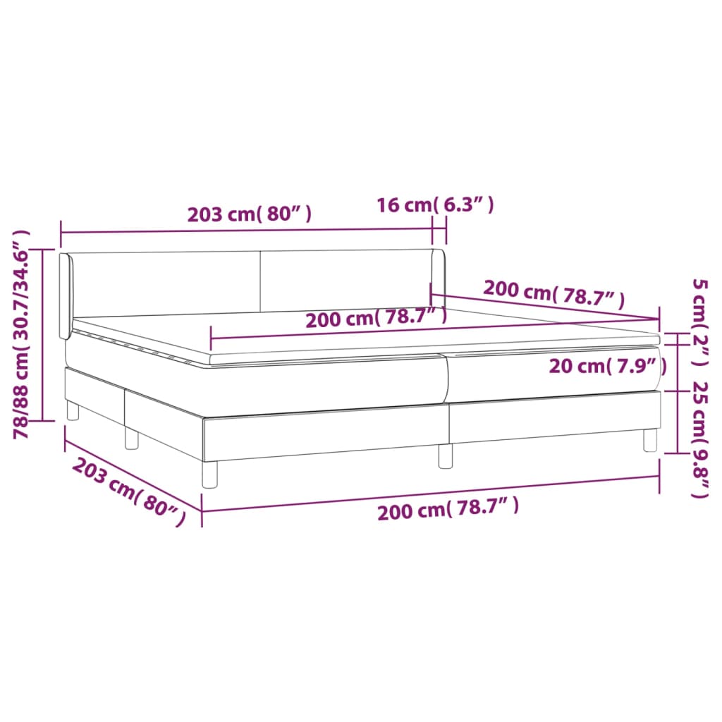 Pat box spring cu saltea, gri închis, 200x200 cm, catifea