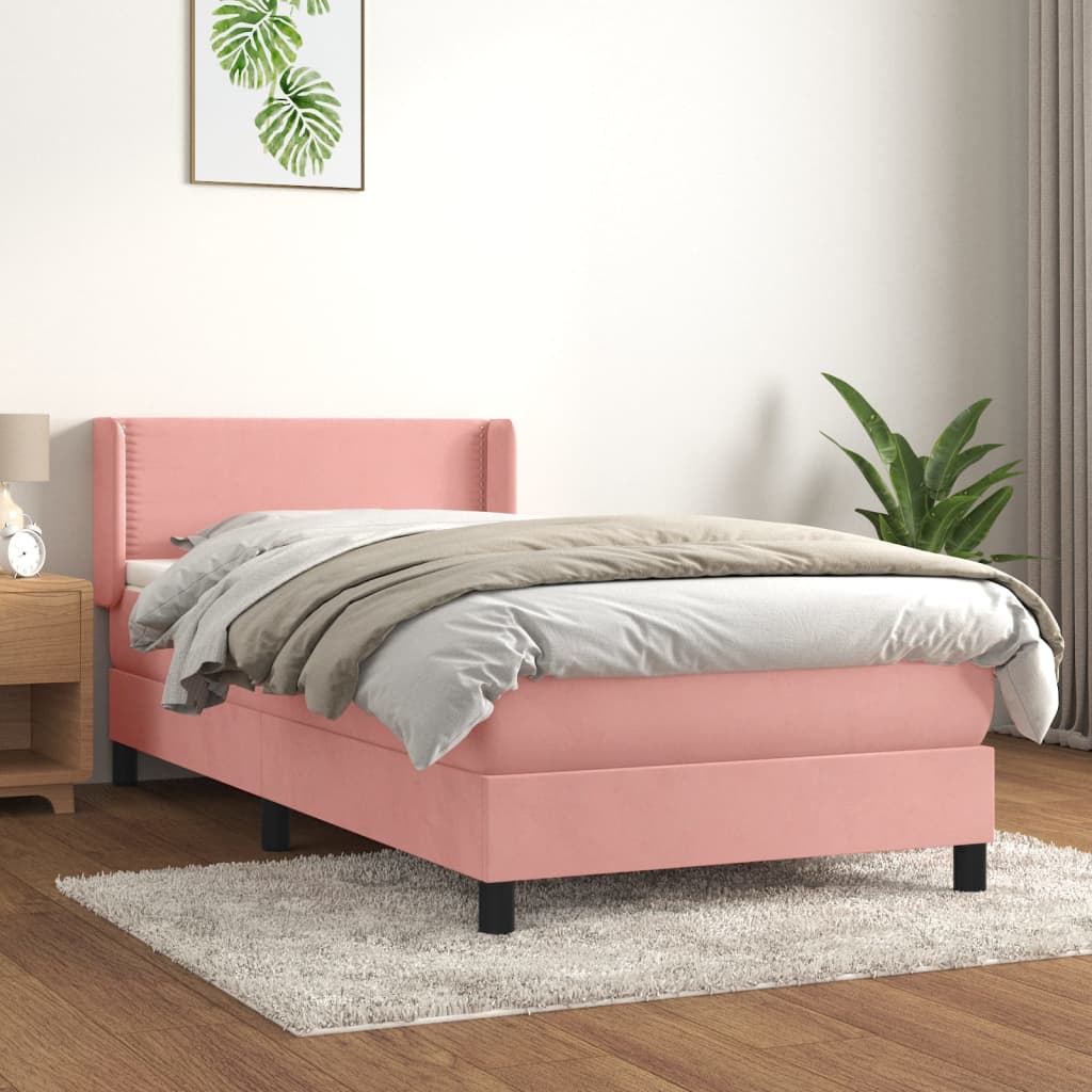 Pat box spring cu saltea, roz, 100x200 cm, catifea