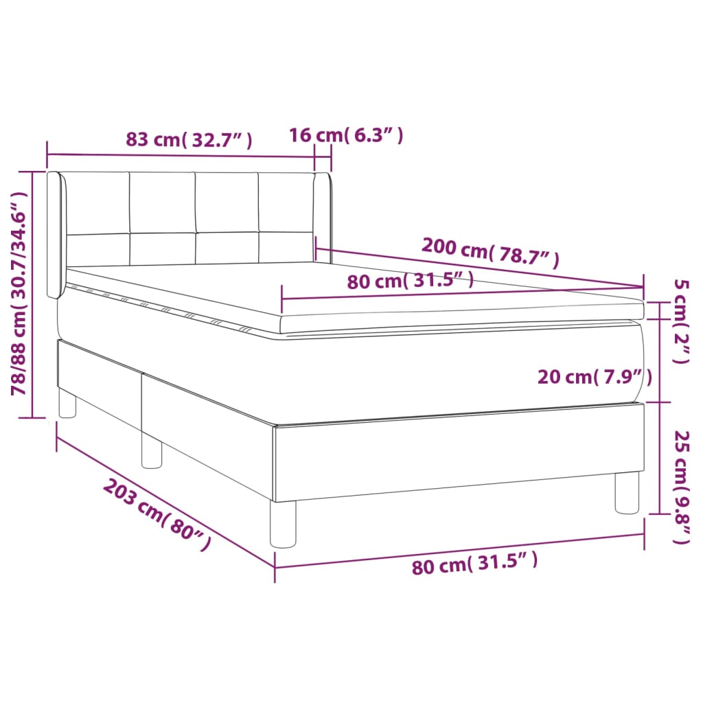 Pat box spring cu saltea, gri închis, 80x200 cm, catifea