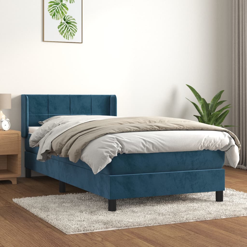 Pat box spring cu saltea, albastru închis, 90x190 cm, catifea