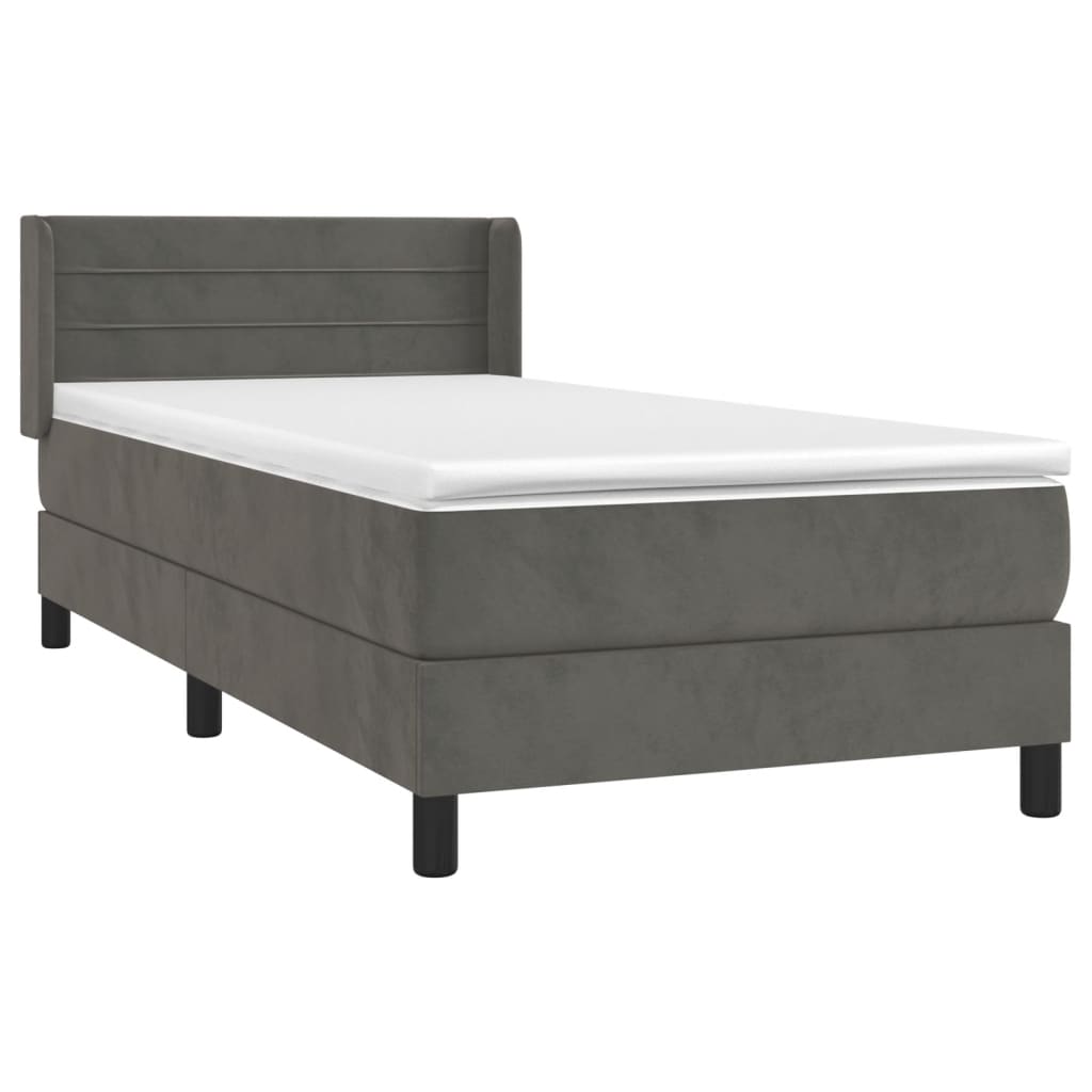 Pat box spring cu saltea, gri închis, 90x190 cm, catifea