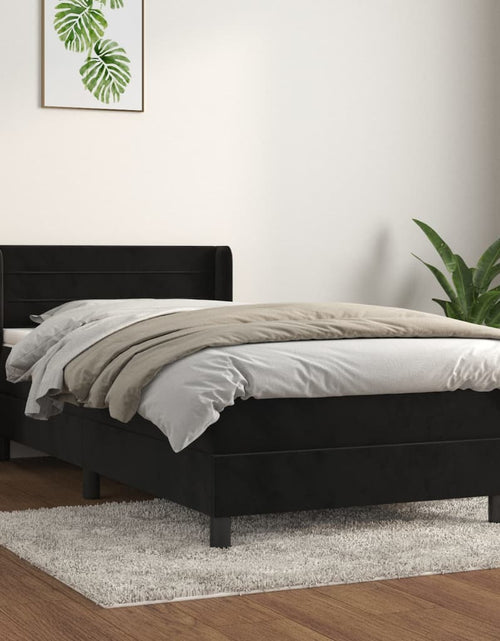 Загрузите изображение в средство просмотра галереи, Pat box spring cu saltea, negru, 90x190 cm, catifea
