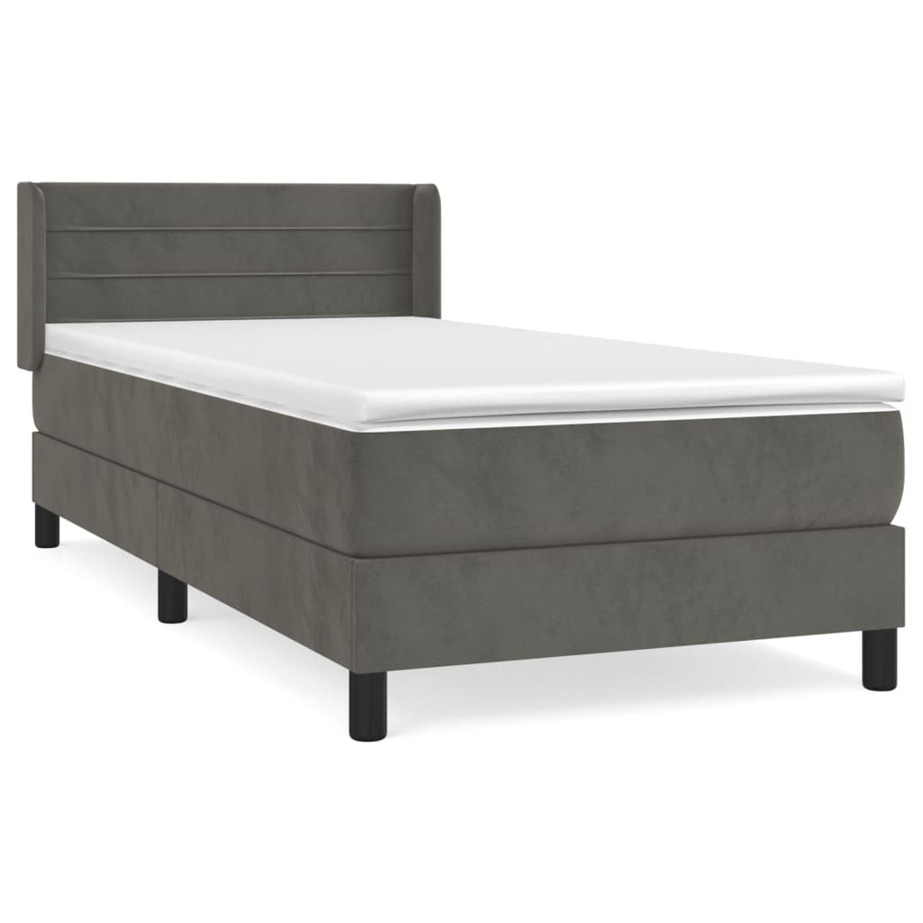 Pat box spring cu saltea, gri închis, 90x200 cm, catifea