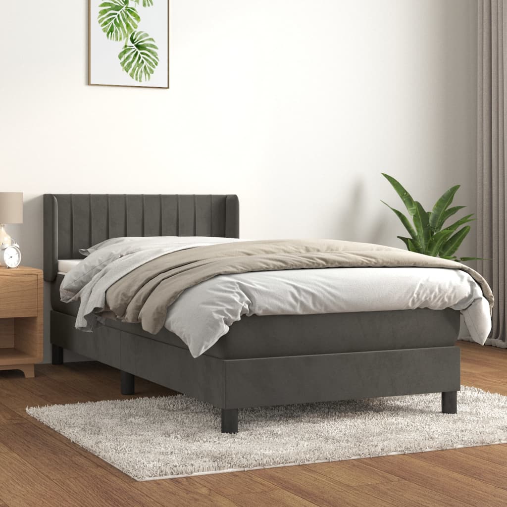 Pat box spring cu saltea, gri închis, 90x190 cm, catifea