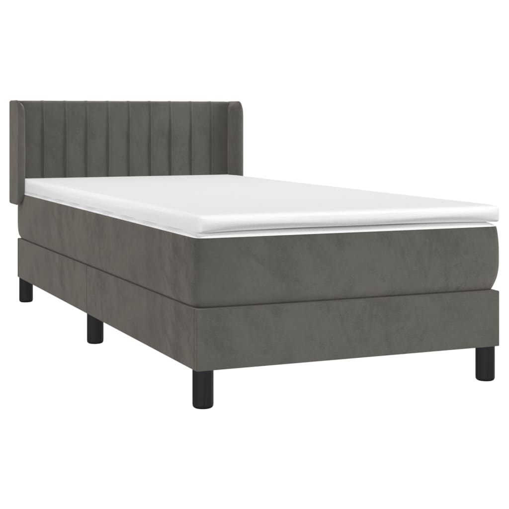 Pat box spring cu saltea, gri închis, 90x200 cm, catifea