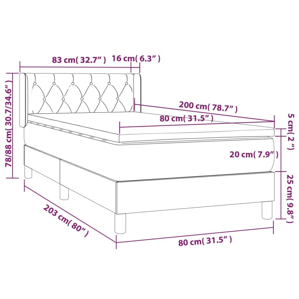 Pat continental cu saltea, gri deschis, 80x200 cm, catifea