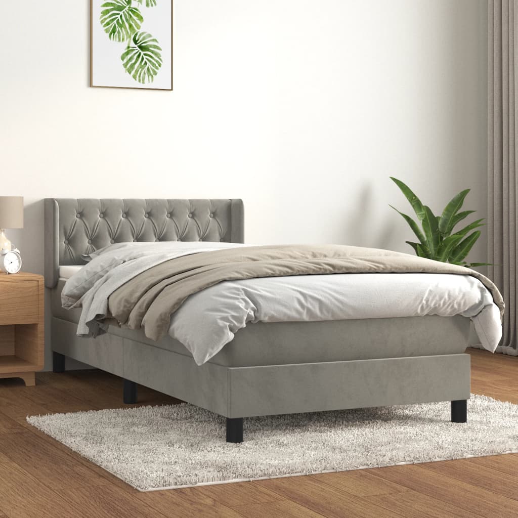 Pat box spring cu saltea, gri deschis, 90x200 cm, catifea