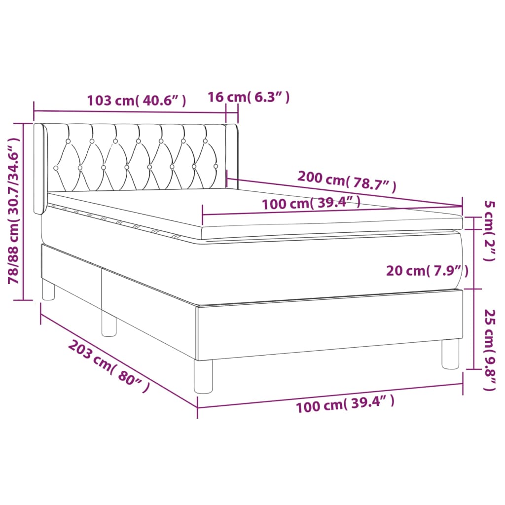 Pat box spring cu saltea, gri închis, 100x200 cm, catifea