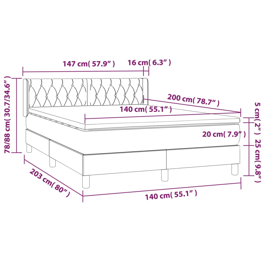 Pat box spring cu saltea, gri deschis, 140x200 cm, catifea