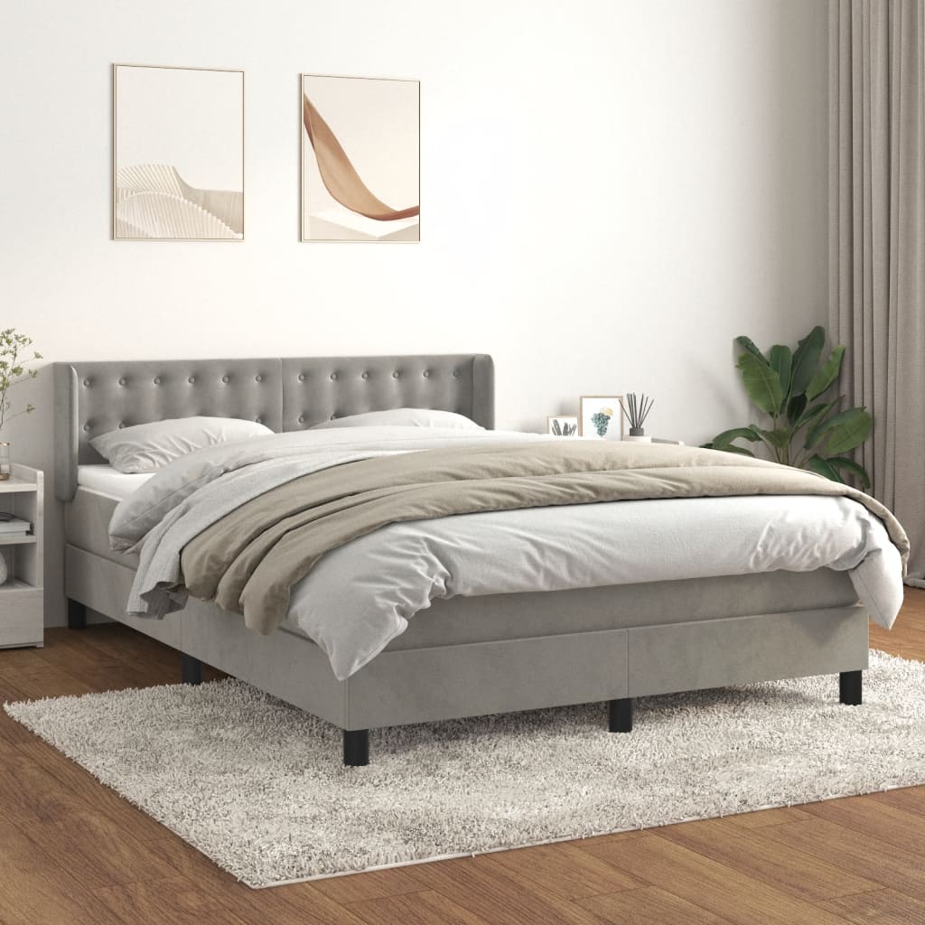 Pat box spring cu saltea, gri deschis, 140x190 cm, catifea