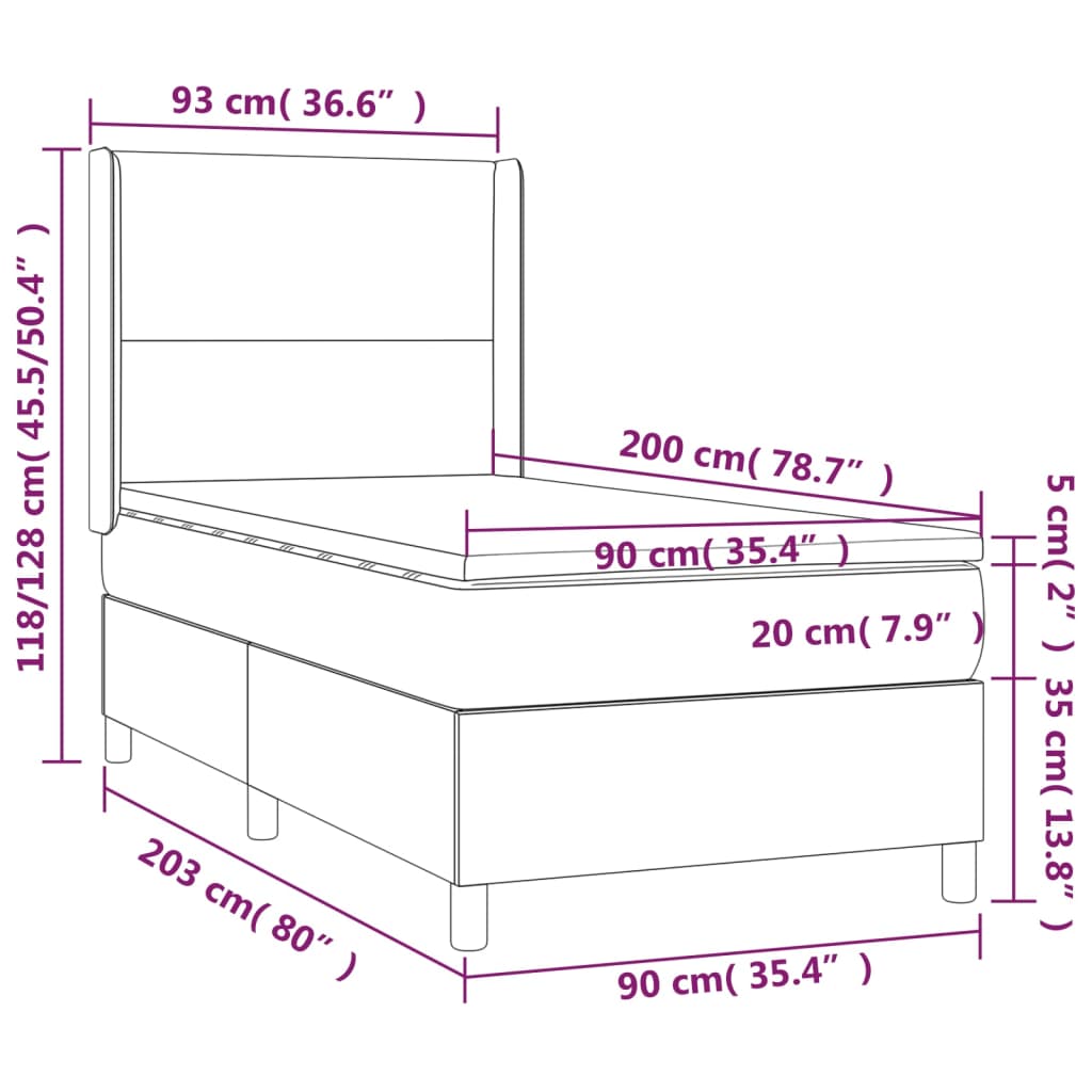 Pat box spring cu saltea, gri închis, 90x200 cm, textil