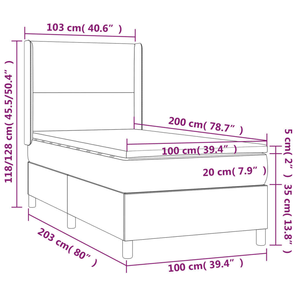 Pat box spring cu saltea, gri deschis, 100x200 cm, textil