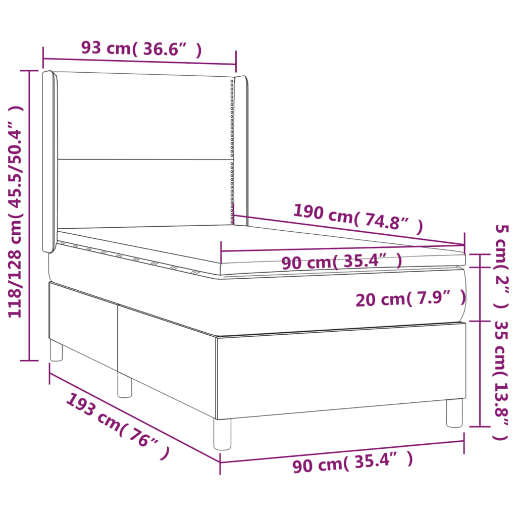 Pat box spring cu saltea, gri închis, 90x190 cm, textil