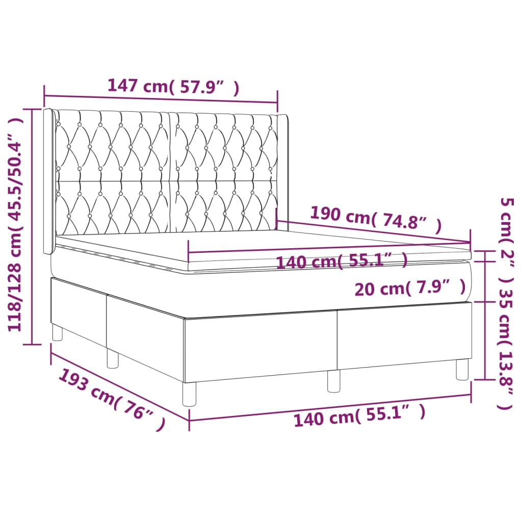 Pat box spring cu saltea, gri deschis, 140x190 cm, textil