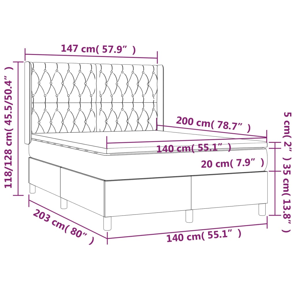 Pat box spring cu saltea, gri închis, 140x200 cm, textil