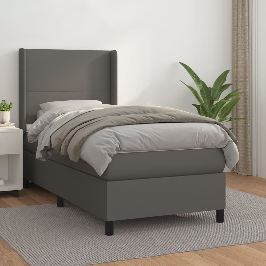 Pat box spring cu saltea, gri, 90x200 cm, piele ecologică