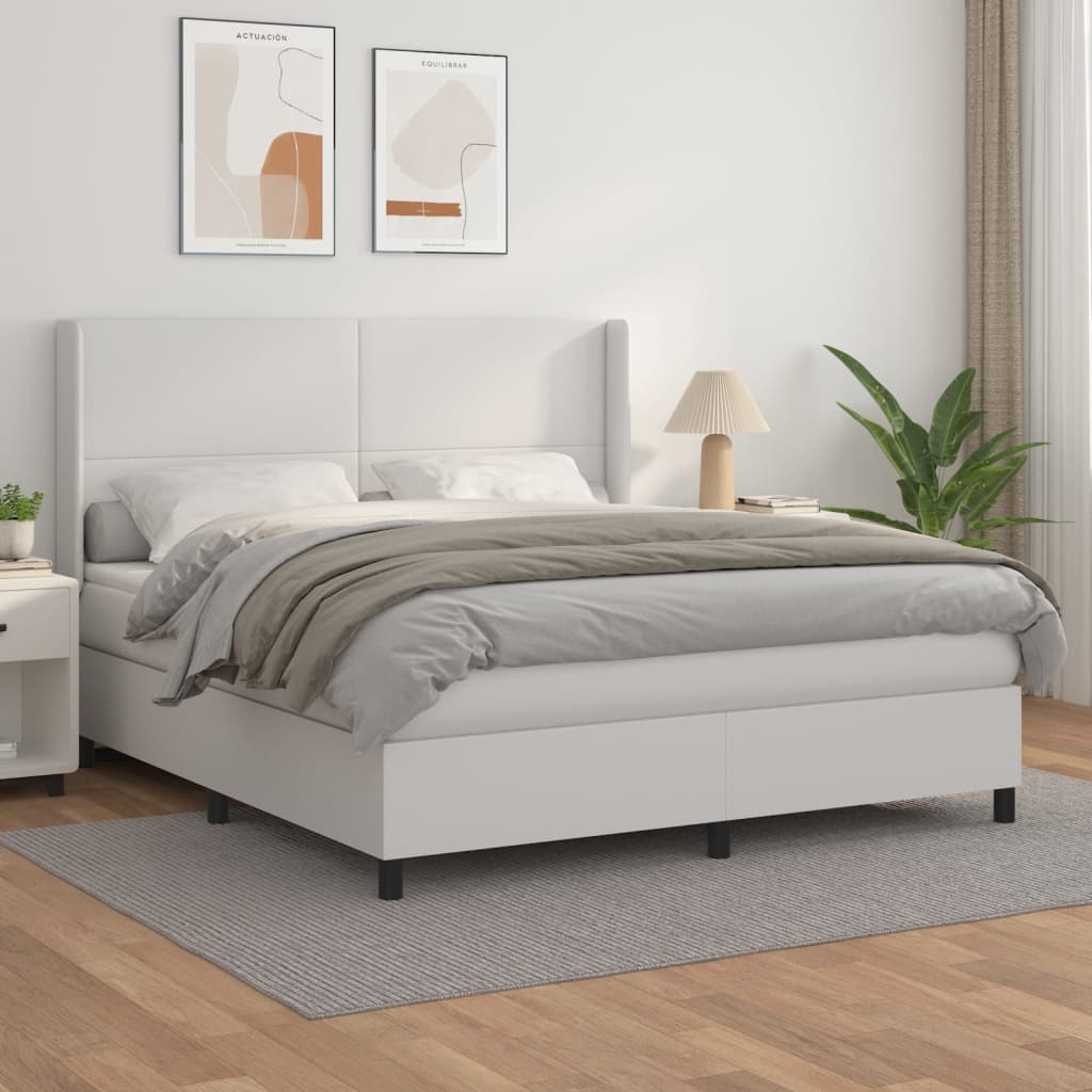 Pat box spring cu saltea, alb, 160x200 cm, piele ecologică