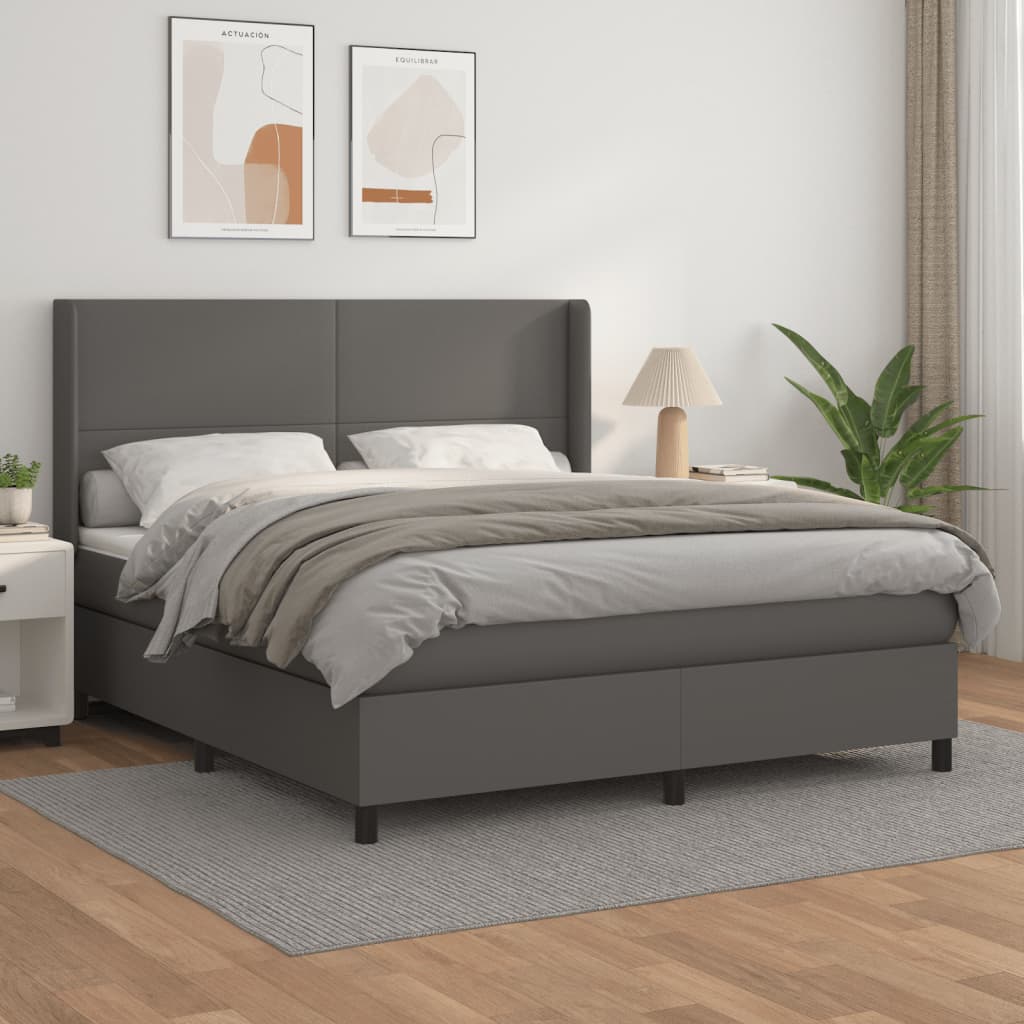 Pat box spring cu saltea, gri, 180x200 cm, piele ecologică