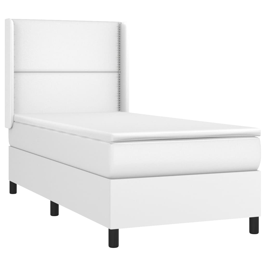 Pat box spring cu saltea, alb, 90x190 cm, piele ecologică