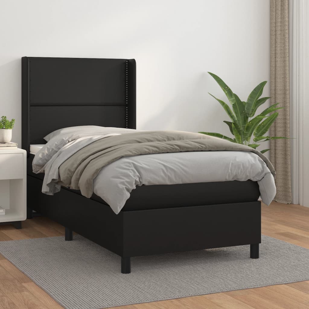 Pat box spring cu saltea, negru, 90x200 cm, piele ecologică