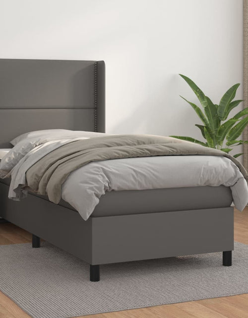 Încărcați imaginea în vizualizatorul Galerie, Pat box spring cu saltea, gri, 100x200 cm, piele ecologică
