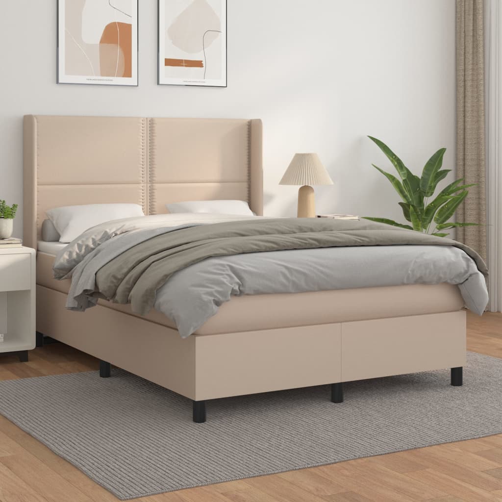 Pat box spring cu saltea, cappuccino, 140x200cm piele ecologică