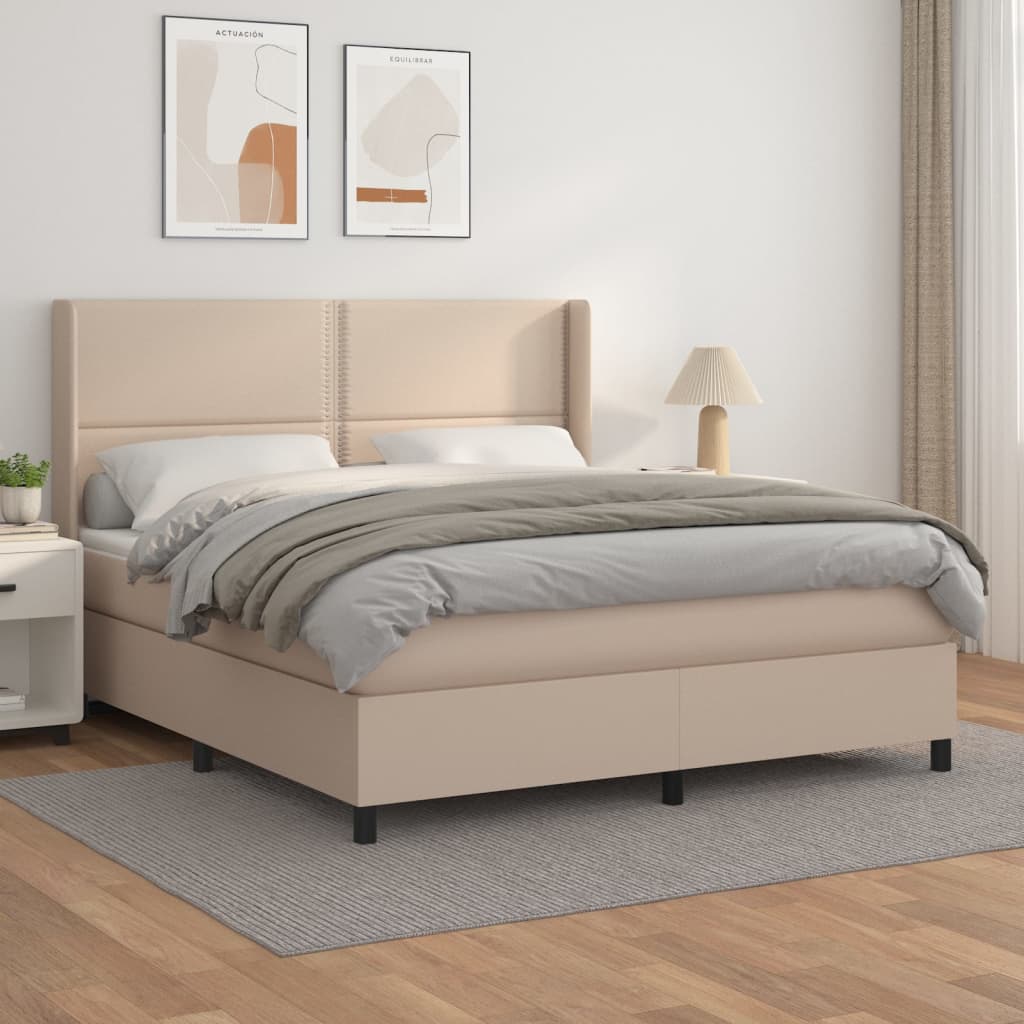 Pat box spring cu saltea, cappuccino, 160x200cm piele ecologică