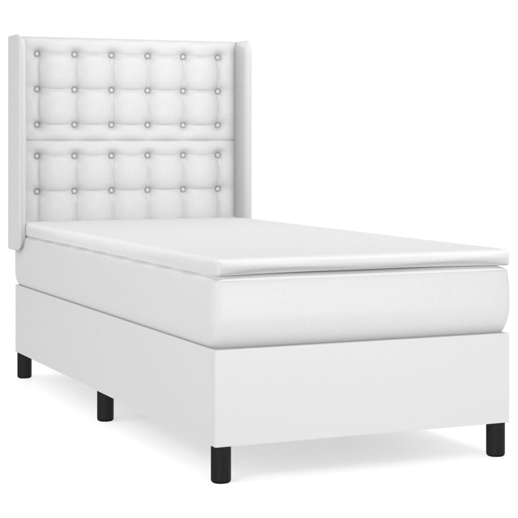 Pat box spring cu saltea, alb, 90x190 cm, piele ecologică