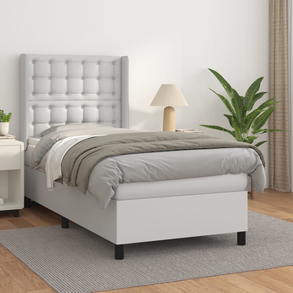 Pat box spring cu saltea, alb, 90x190 cm, piele ecologică