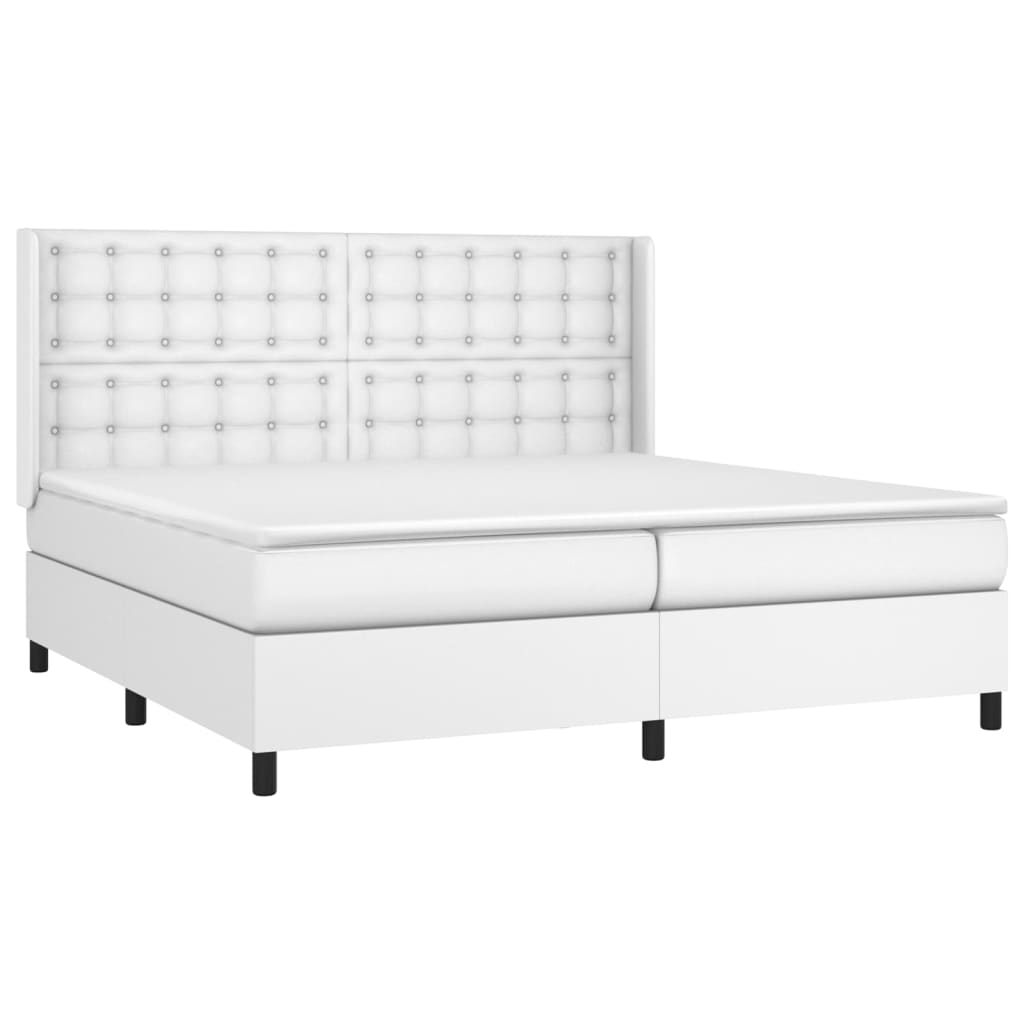 Pat box spring cu saltea, alb, 200x200 cm, piele ecologică