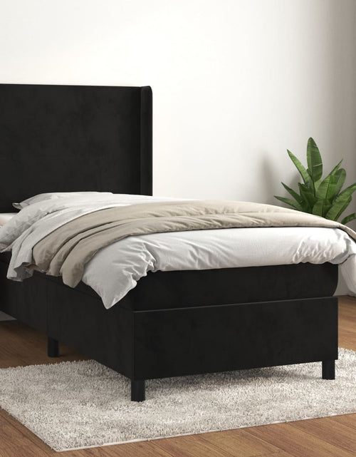 Загрузите изображение в средство просмотра галереи, Pat box spring cu saltea, negru, 100x200 cm, catifea
