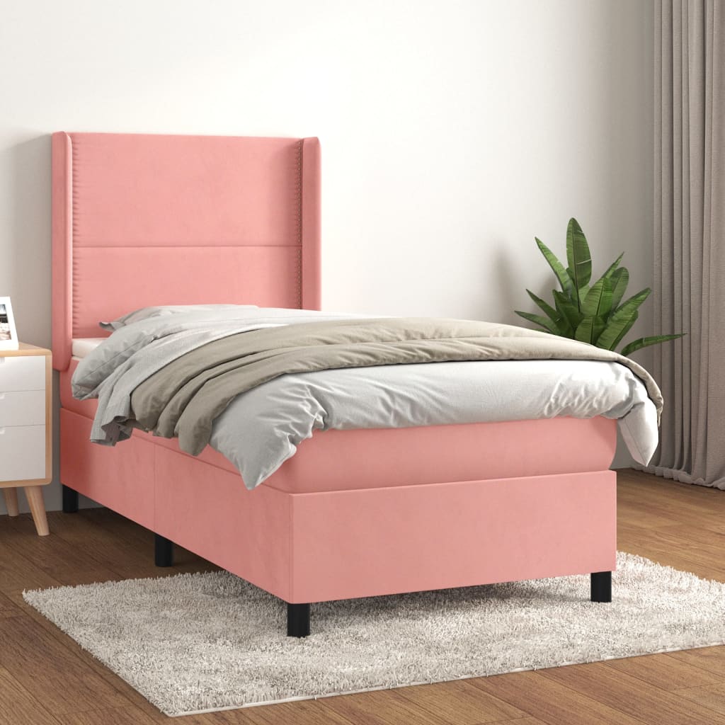 Pat box spring cu saltea, roz, 80x200 cm, catifea