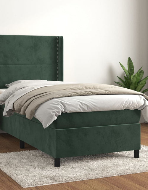 Încărcați imaginea în vizualizatorul Galerie, Pat box spring cu saltea, verde închis, 90x190 cm, catifea
