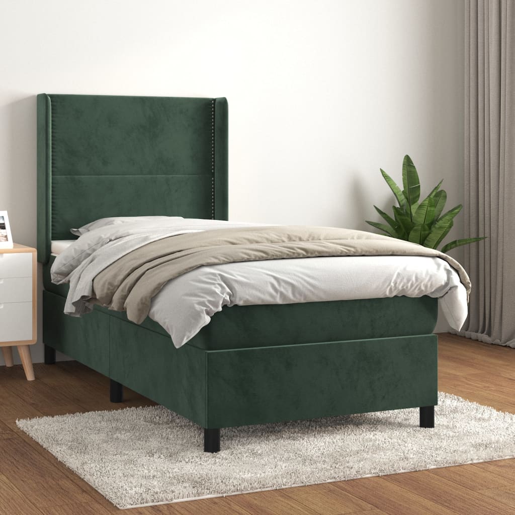 Pat box spring cu saltea, verde închis, 90x190 cm, catifea