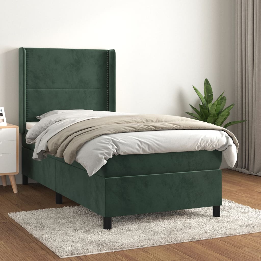 Pat box spring cu saltea, verde închis, 90x200 cm, catifea