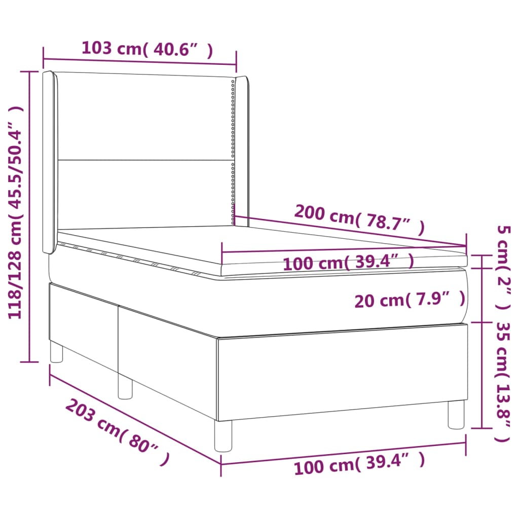 Pat box spring cu saltea, gri închis, 100x200 cm, catifea