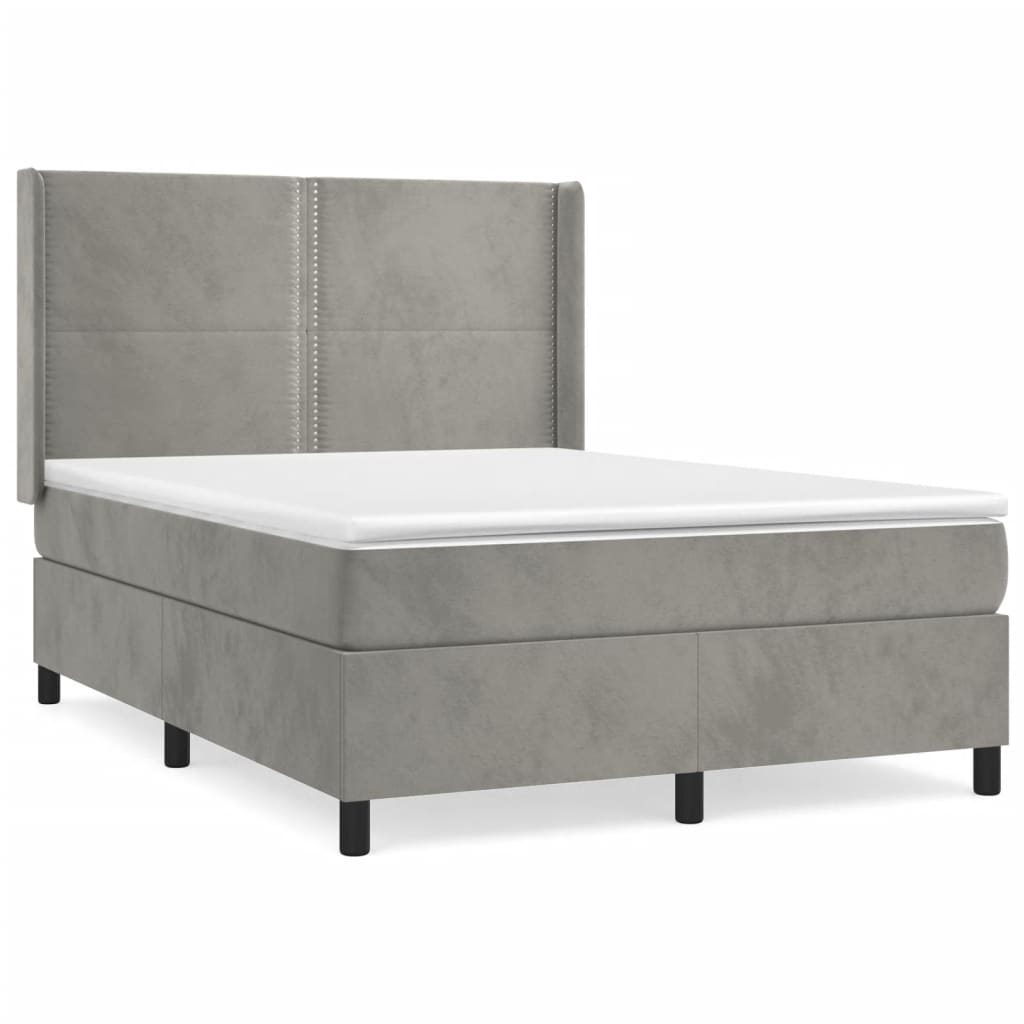 Pat box spring cu saltea, gri deschis, 140x200 cm, catifea