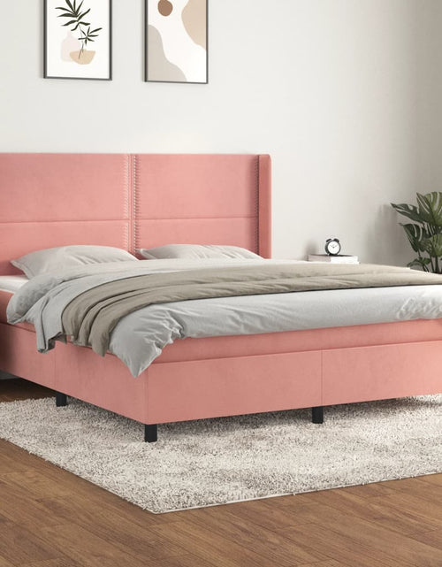 Загрузите изображение в средство просмотра галереи, Pat box spring cu saltea, roz, 160x200 cm, catifea
