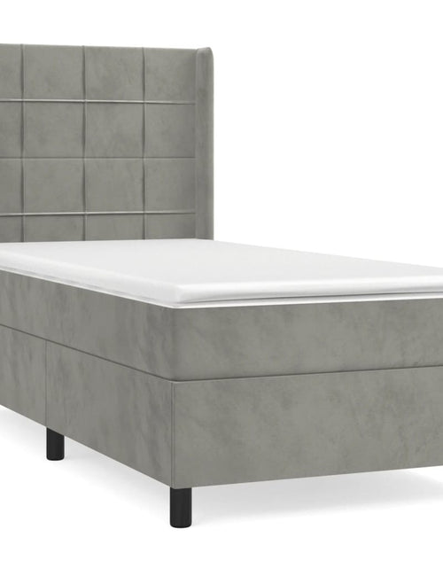 Загрузите изображение в средство просмотра галереи, Pat box spring cu saltea, gri deschis, 90x190 cm, catifea
