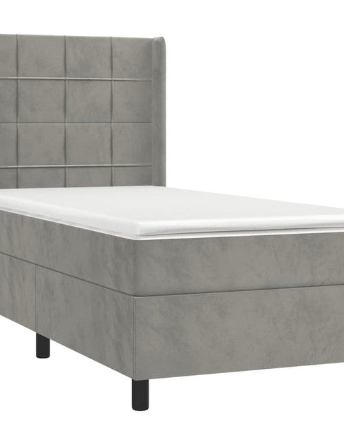 Загрузите изображение в средство просмотра галереи, Pat box spring cu saltea, gri deschis, 90x190 cm, catifea
