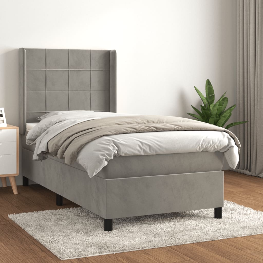 Pat box spring cu saltea, gri deschis, 90x190 cm, catifea