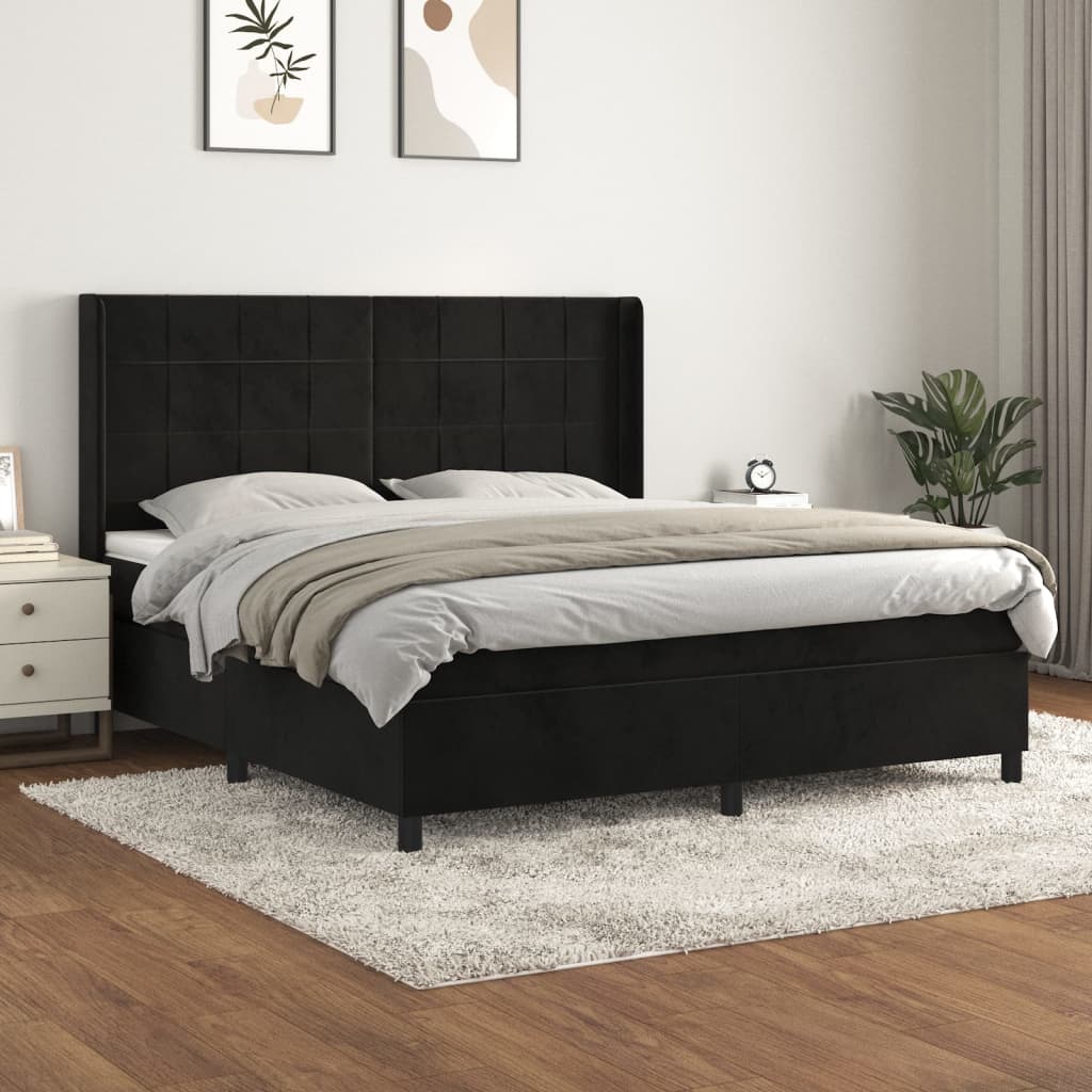 Pat box spring cu saltea, negru, 180x200 cm, catifea