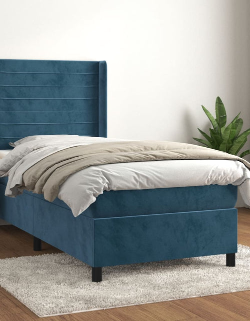 Загрузите изображение в средство просмотра галереи, Pat box spring cu saltea, albastru închis, 80x200 cm, catifea
