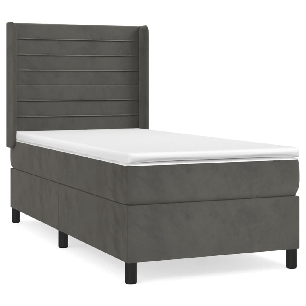 Pat box spring cu saltea, gri închis, 90x190 cm, catifea