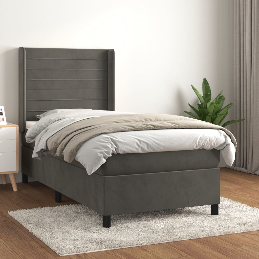 Pat box spring cu saltea, gri închis, 90x190 cm, catifea